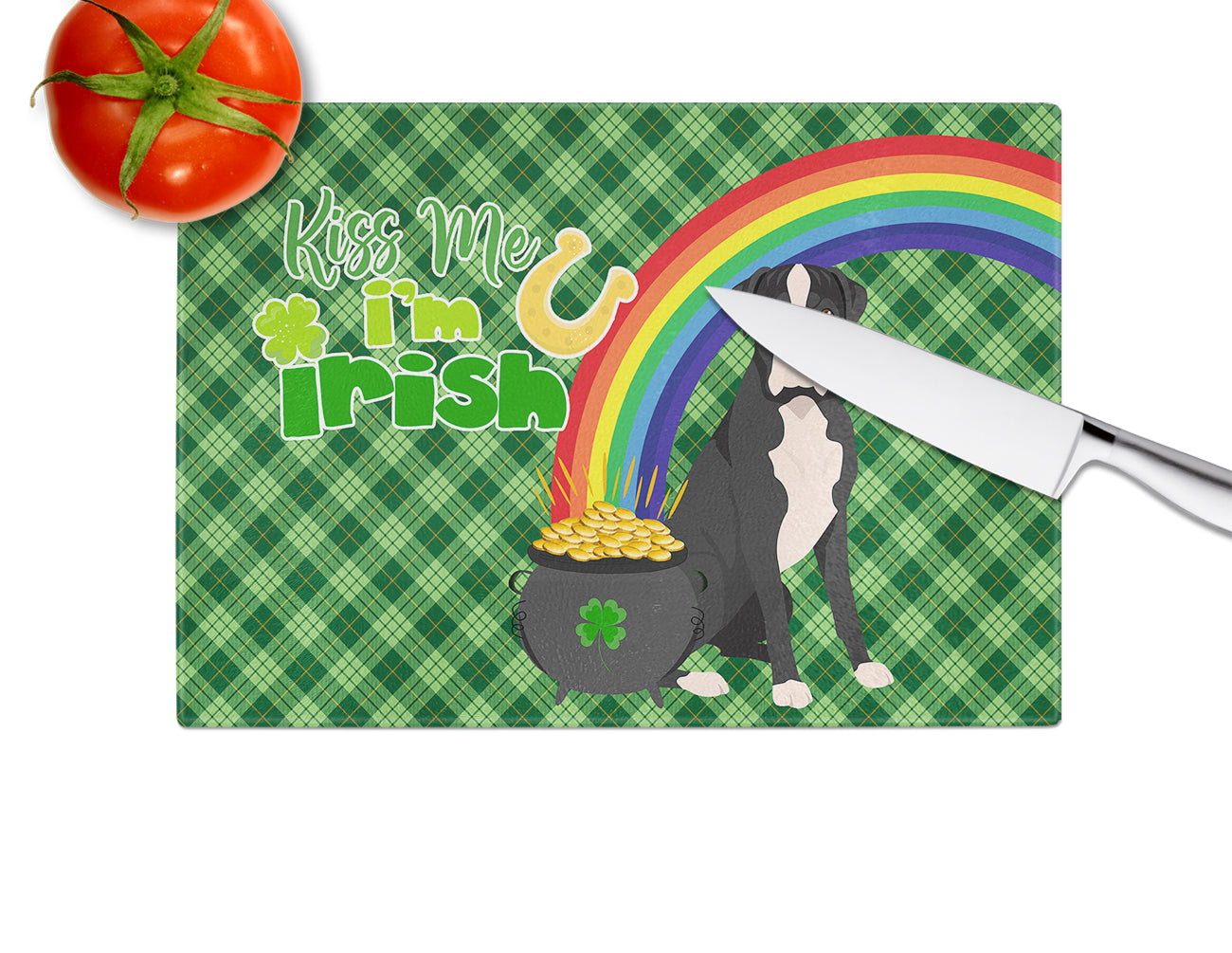 Natural Eared Black Boxer St. Patrick's Day Cutting Board Tempered Glass Kitchen Cutting Surface, Heat Resistant Chopping, Non-Slip Feet, Food Prep & Serving