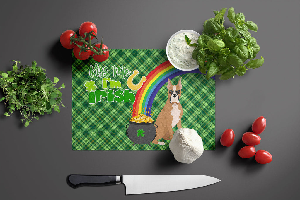 Fawn Boxer St. Patrick's Day Cutting Board Tempered Glass Kitchen Cutting Surface, Heat Resistant Chopping, Non-Slip Feet, Food Prep & Serving