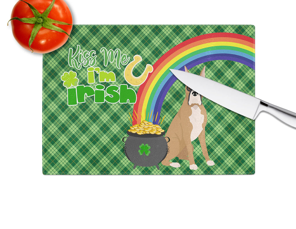 Fawn Boxer St. Patrick's Day Cutting Board Tempered Glass Kitchen Cutting Surface, Heat Resistant Chopping, Non-Slip Feet, Food Prep & Serving