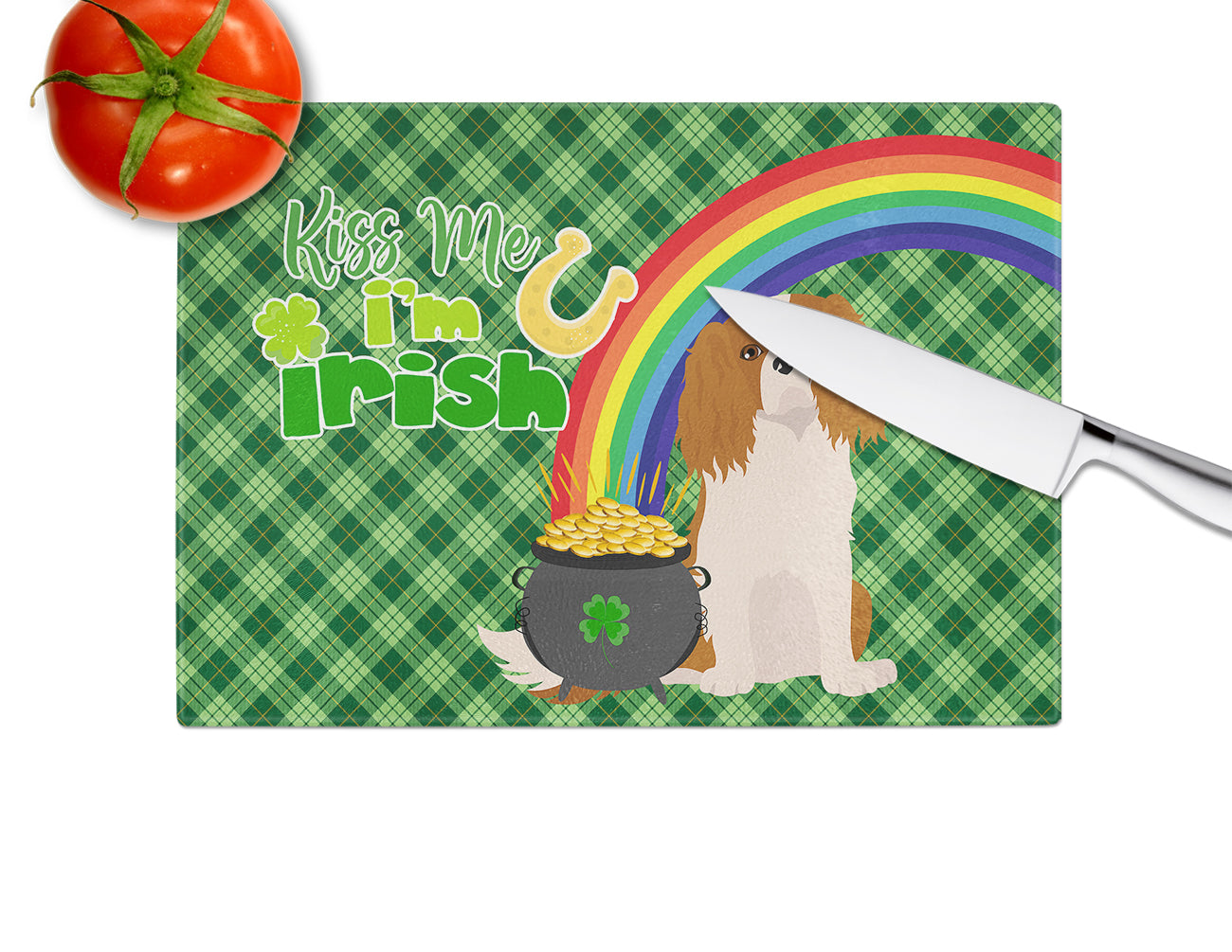 Blenheim Cavalier Spaniel St. Patrick's Day Cutting Board Tempered Glass Kitchen Cutting Surface, Heat Resistant Chopping, Non-Slip Feet, Food Prep & Serving