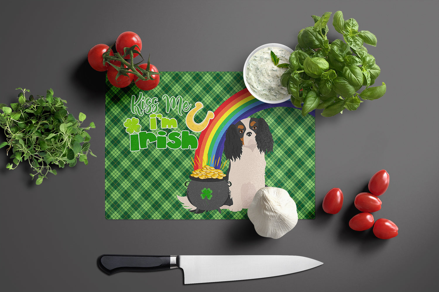 Tricolor Cavalier Spaniel St. Patrick's Day Cutting Board Tempered Glass Kitchen Cutting Surface, Heat Resistant Chopping, Non-Slip Feet, Food Prep & Serving