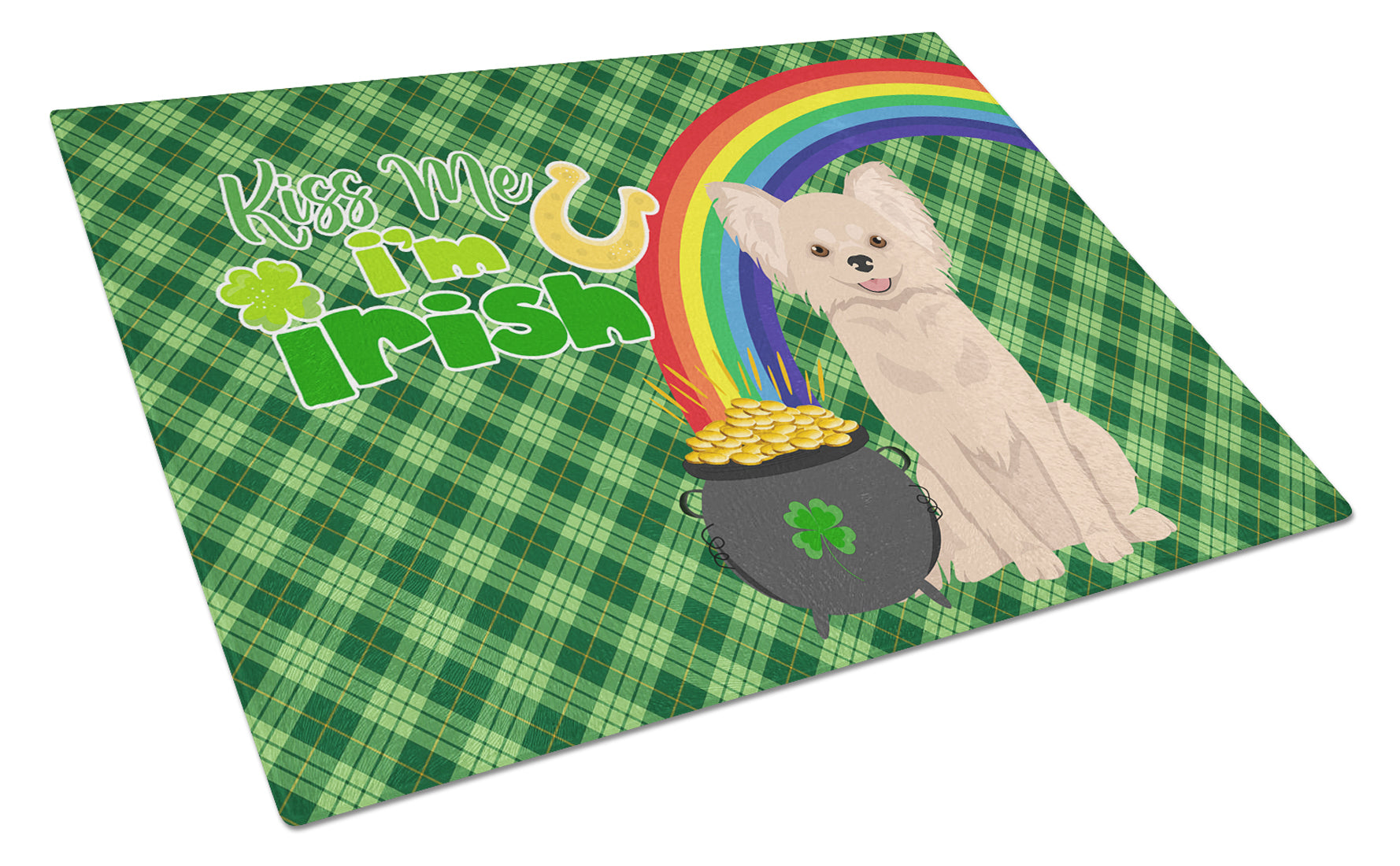 Longhaired Cream Chihuahua St. Patrick's Day Cutting Board Tempered Glass Kitchen Cutting Surface, Heat Resistant Chopping, Non-Slip Feet, Food Prep & Serving