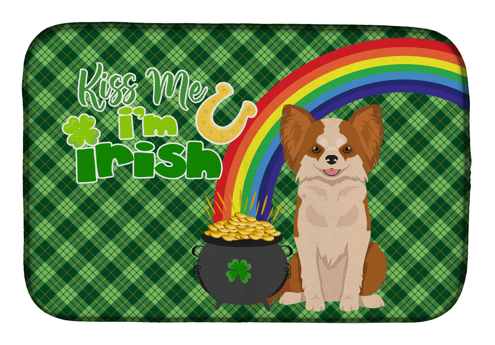 Longhaired Red and White Chihuahua St. Patrick's Day Dish Drying Mat Absorbent Dish Drying Mat Pad for Kitchen Counter Dish Drainer Mat for Countertop, 14 x 21", Multicolor