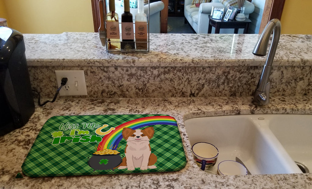 Longhaired Red and White Chihuahua St. Patrick's Day Dish Drying Mat Absorbent Dish Drying Mat Pad for Kitchen Counter Dish Drainer Mat for Countertop, 14 x 21", Multicolor