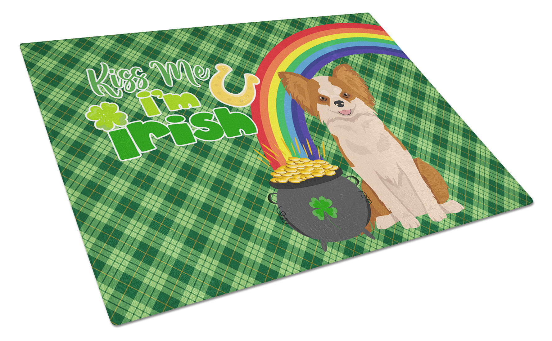Longhaired Red and White Chihuahua St. Patrick's Day Cutting Board Tempered Glass Kitchen Cutting Surface, Heat Resistant Chopping, Non-Slip Feet, Food Prep & Serving
