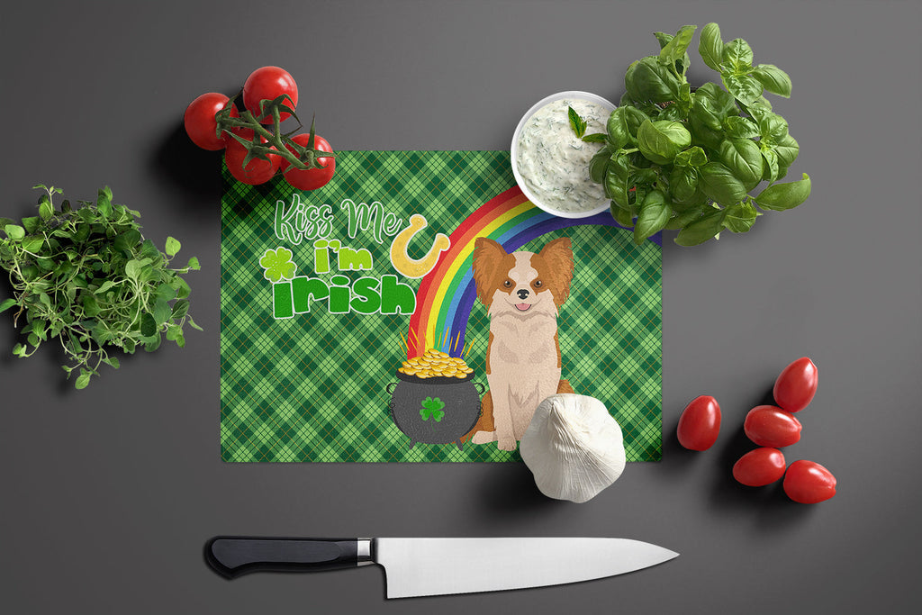 Longhaired Red and White Chihuahua St. Patrick's Day Cutting Board Tempered Glass Kitchen Cutting Surface, Heat Resistant Chopping, Non-Slip Feet, Food Prep & Serving