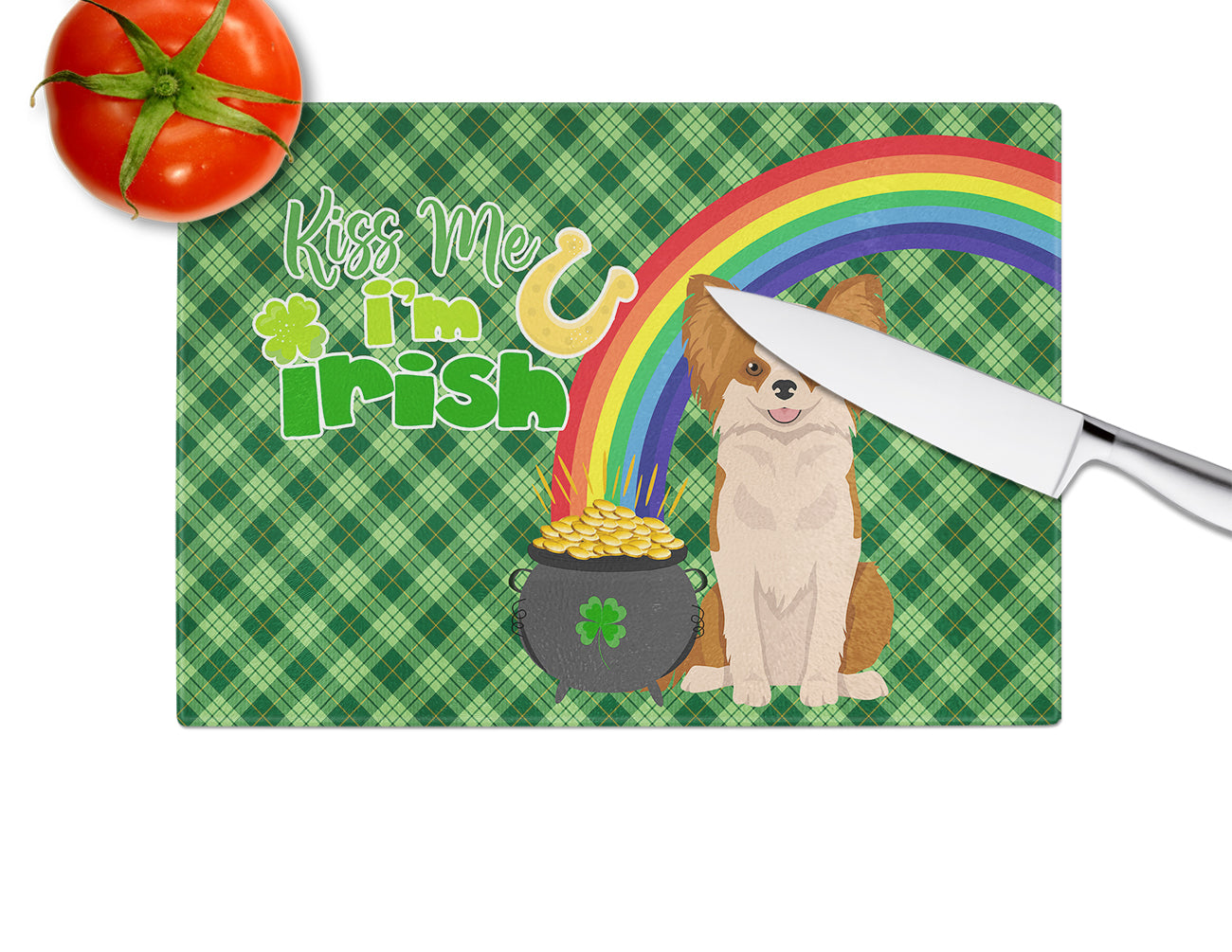 Longhaired Red and White Chihuahua St. Patrick's Day Cutting Board Tempered Glass Kitchen Cutting Surface, Heat Resistant Chopping, Non-Slip Feet, Food Prep & Serving