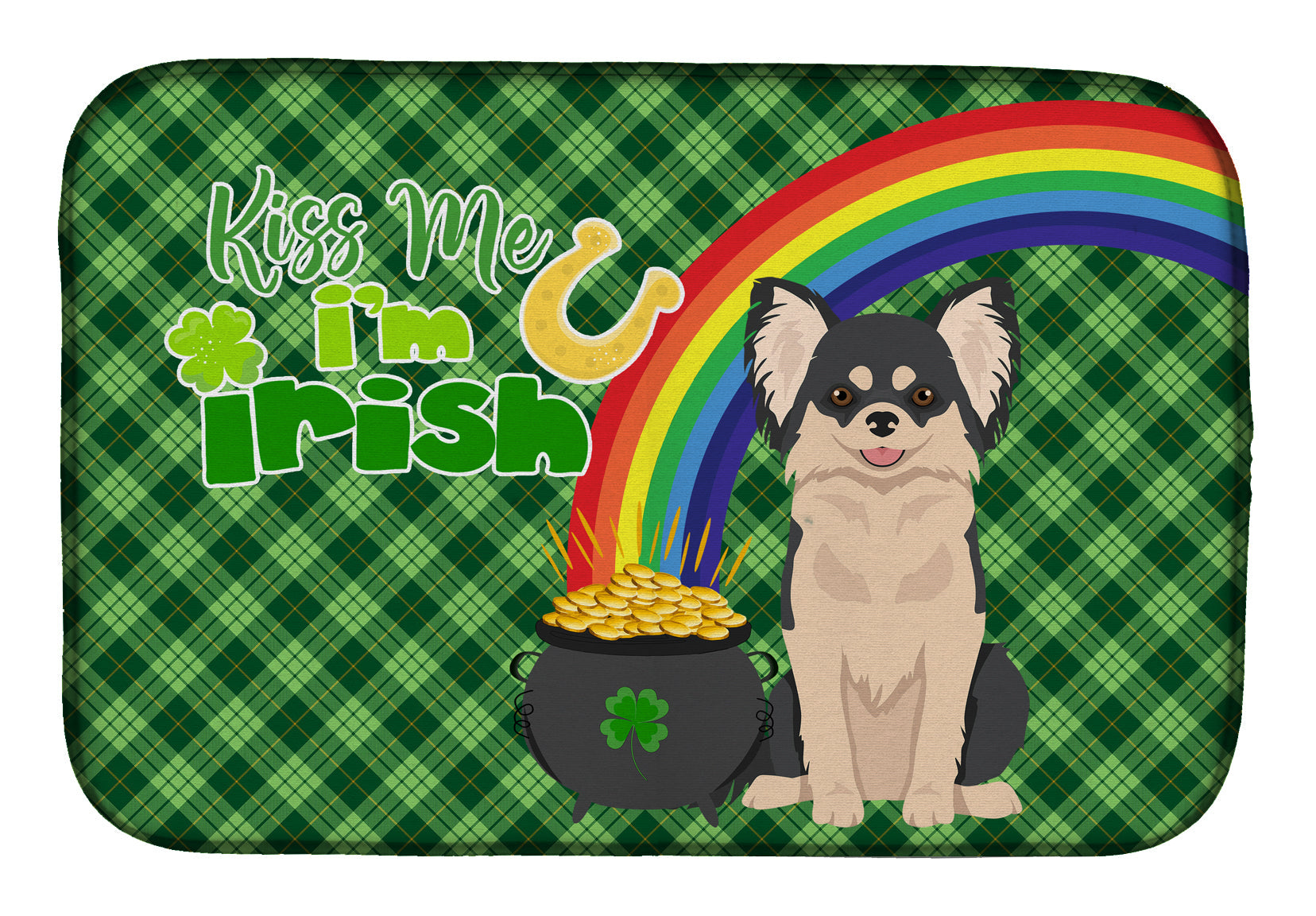 Longhaired Black and White Chihuahua St. Patrick's Day Dish Drying Mat Absorbent Dish Drying Mat Pad for Kitchen Counter Dish Drainer Mat for Countertop, 14 x 21", Multicolor