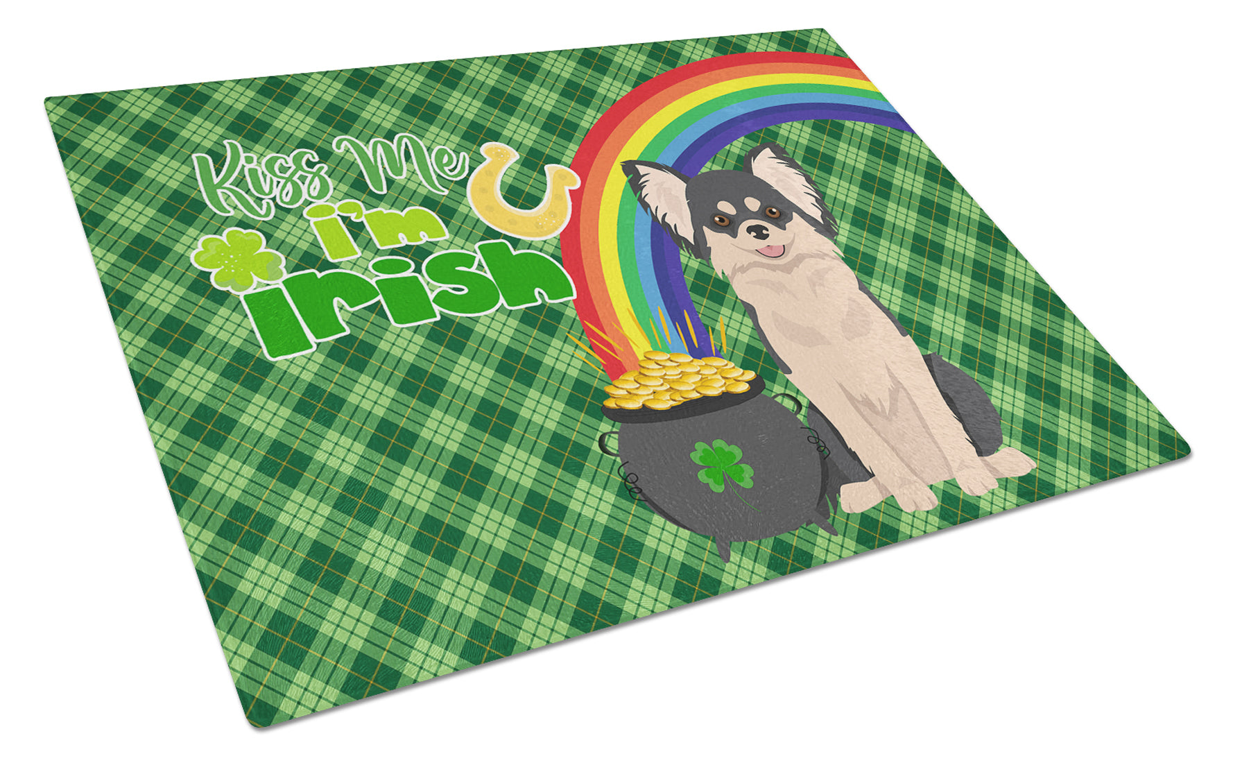 Longhaired Black and White Chihuahua St. Patrick's Day Cutting Board Tempered Glass Kitchen Cutting Surface, Heat Resistant Chopping, Non-Slip Feet, Food Prep & Serving