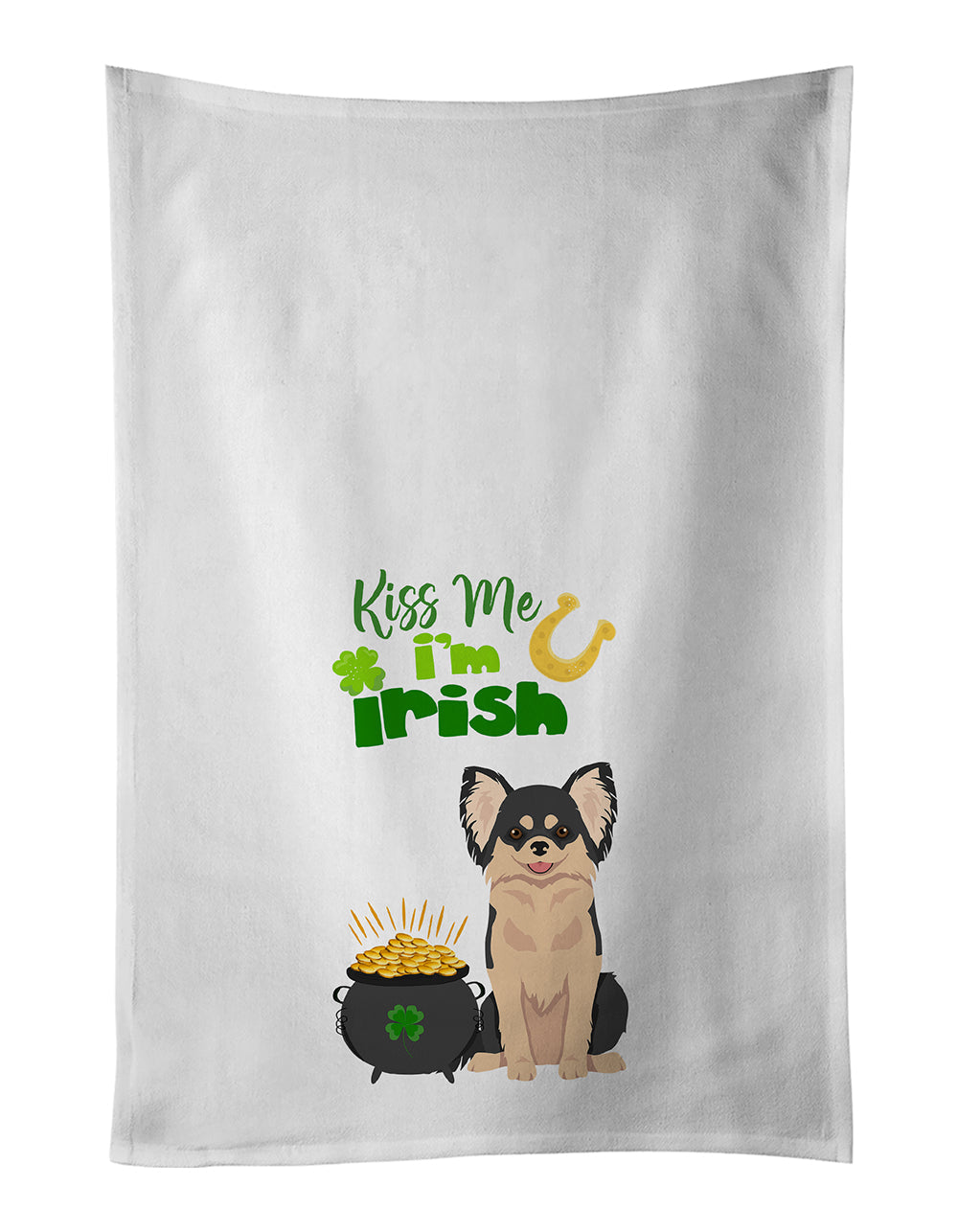 Longhaired Black and White Chihuahua St. Patrick's Day Kitchen Towel Set of 2 White Dish Towels Decorative Bathroom Hand towel for Hand, Face, Hair, Yoga, Tea, Dishcloth, 19 X 28", White