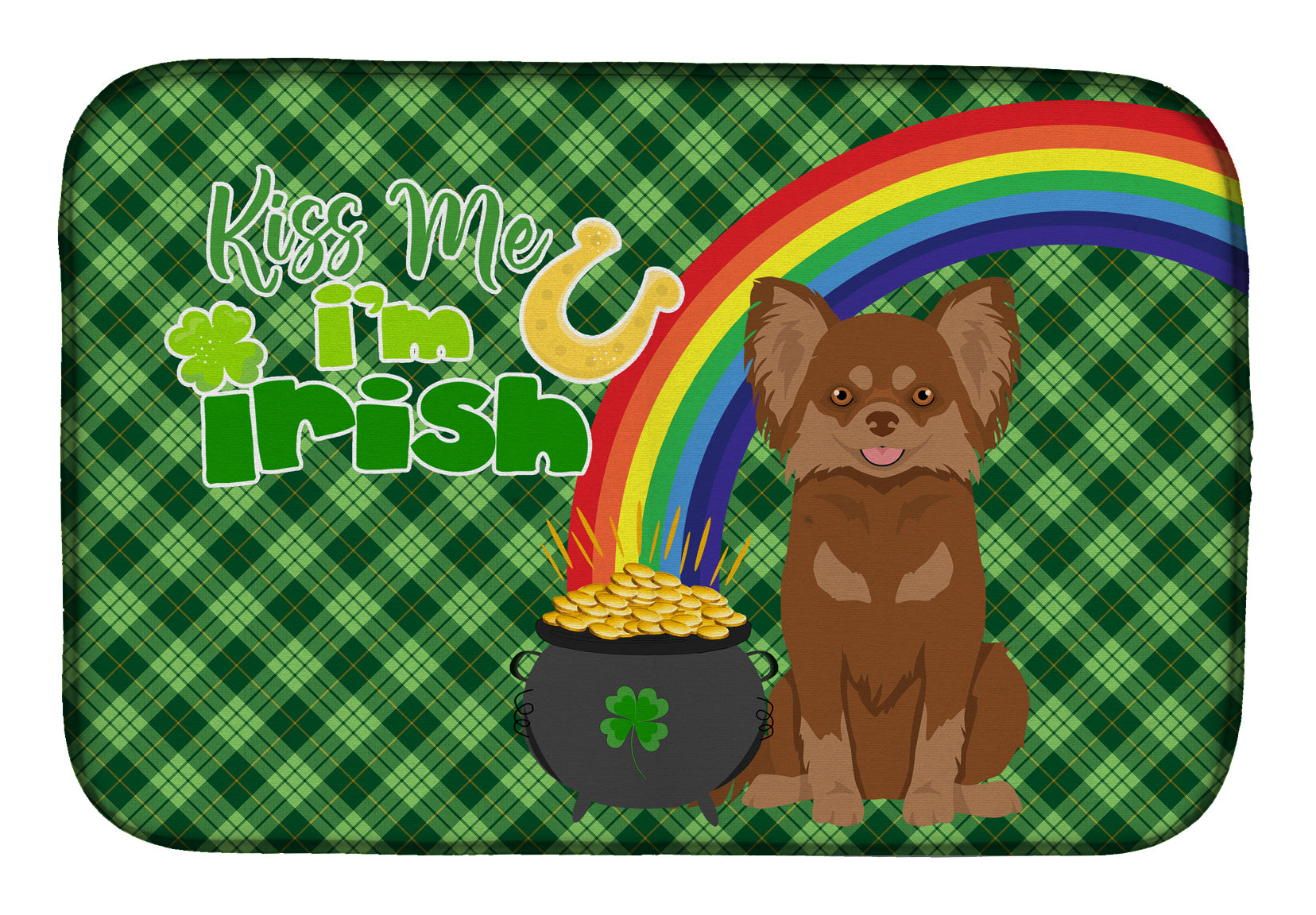 Longhaired Chocolate and Tan Chihuahua St. Patrick's Day Dish Drying Mat Absorbent Dish Drying Mat Pad for Kitchen Counter Dish Drainer Mat for Countertop, 14 x 21", Multicolor