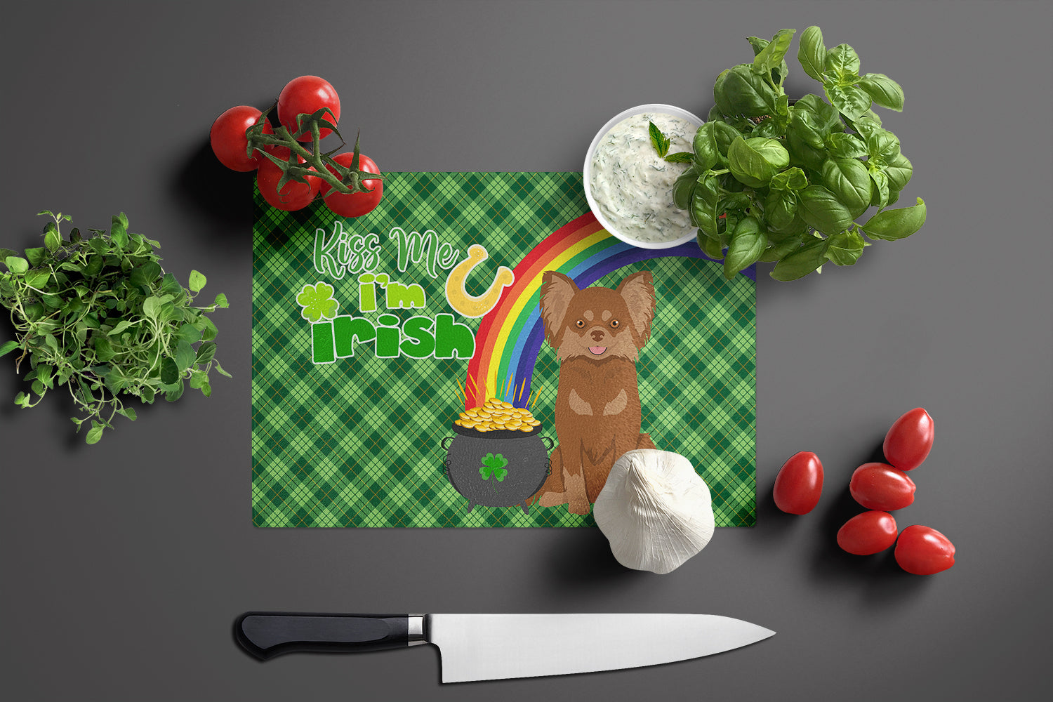Longhaired Chocolate and Tan Chihuahua St. Patrick's Day Cutting Board Tempered Glass Kitchen Cutting Surface, Heat Resistant Chopping, Non-Slip Feet, Food Prep & Serving