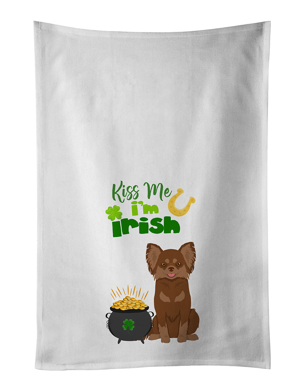 Longhaired Chocolate and Tan Chihuahua St. Patrick's Day Kitchen Towel Set of 2 White Dish Towels Decorative Bathroom Hand towel for Hand, Face, Hair, Yoga, Tea, Dishcloth, 19 X 28", White