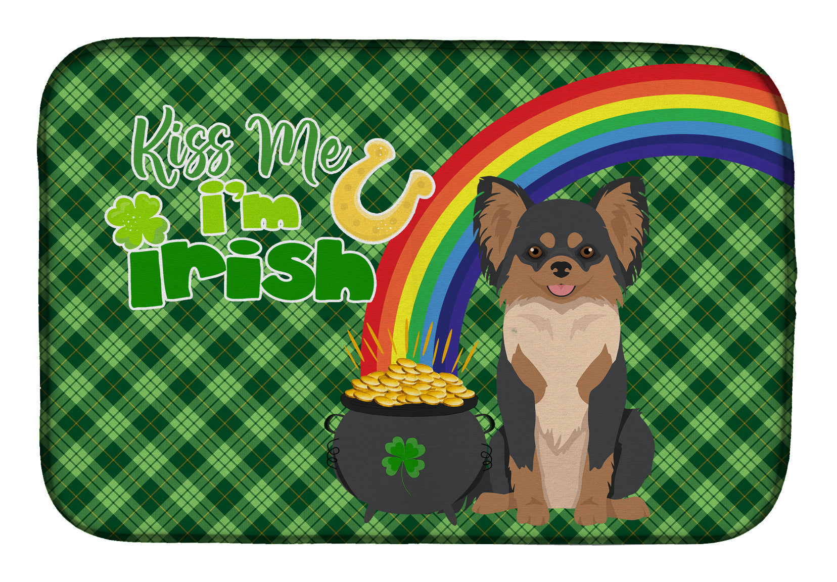 Longhaired Black and Tan Chihuahua St. Patrick's Day Dish Drying Mat Absorbent Dish Drying Mat Pad for Kitchen Counter Dish Drainer Mat for Countertop, 14 x 21", Multicolor