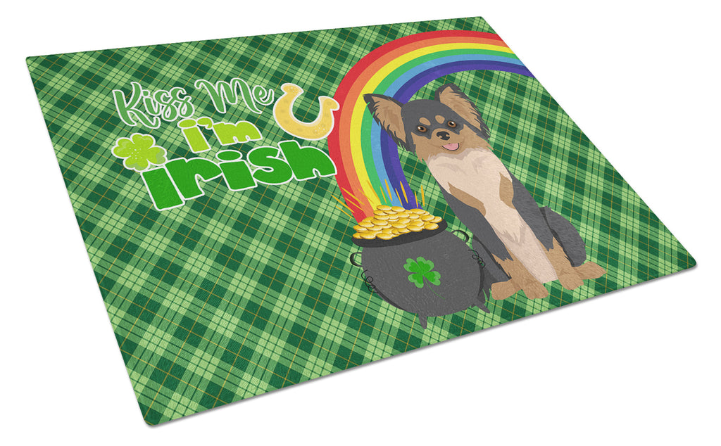 Longhaired Black and Tan Chihuahua St. Patrick's Day Cutting Board Tempered Glass Kitchen Cutting Surface, Heat Resistant Chopping, Non-Slip Feet, Food Prep & Serving