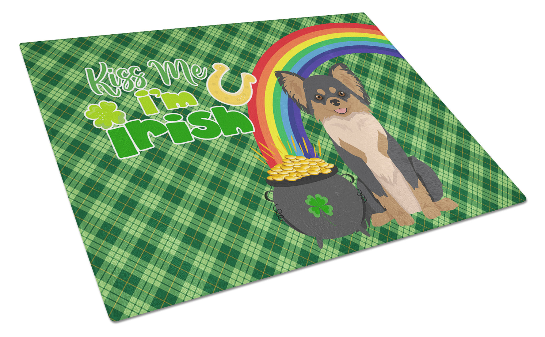 Longhaired Black and Tan Chihuahua St. Patrick's Day Cutting Board Tempered Glass Kitchen Cutting Surface, Heat Resistant Chopping, Non-Slip Feet, Food Prep & Serving