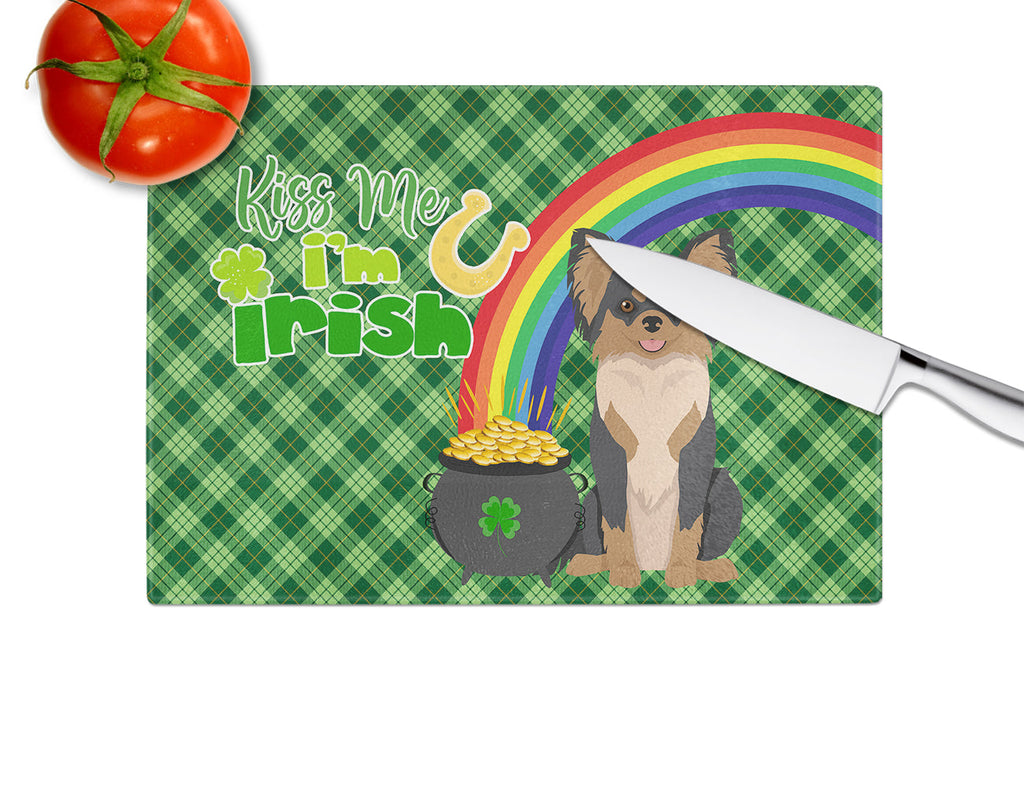 Longhaired Black and Tan Chihuahua St. Patrick's Day Cutting Board Tempered Glass Kitchen Cutting Surface, Heat Resistant Chopping, Non-Slip Feet, Food Prep & Serving
