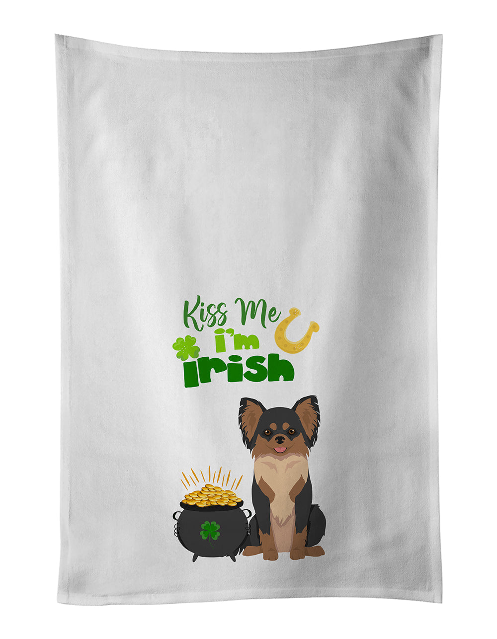 Longhaired Black and Tan Chihuahua St. Patrick's Day Kitchen Towel Set of 2 White Dish Towels Decorative Bathroom Hand towel for Hand, Face, Hair, Yoga, Tea, Dishcloth, 19 X 28", White
