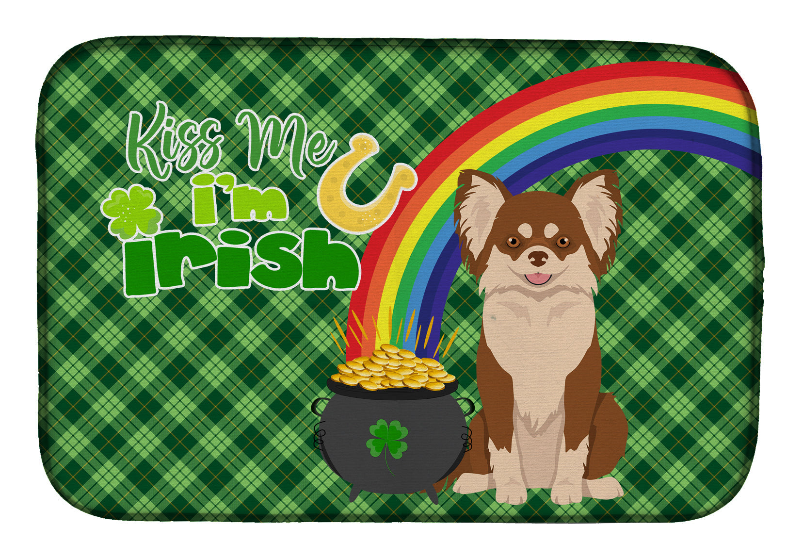 Longhaired Chocolate and White Chihuahua St. Patrick's Day Dish Drying Mat Absorbent Dish Drying Mat Pad for Kitchen Counter Dish Drainer Mat for Countertop, 14 x 21", Multicolor
