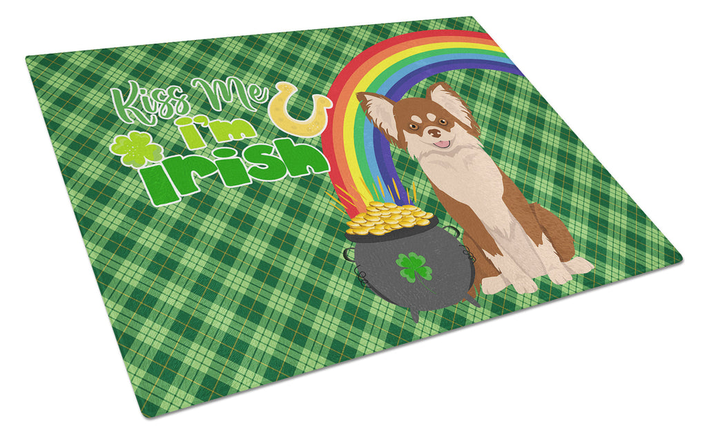 Longhaired Chocolate and White Chihuahua St. Patrick's Day Cutting Board Tempered Glass Kitchen Cutting Surface, Heat Resistant Chopping, Non-Slip Feet, Food Prep & Serving