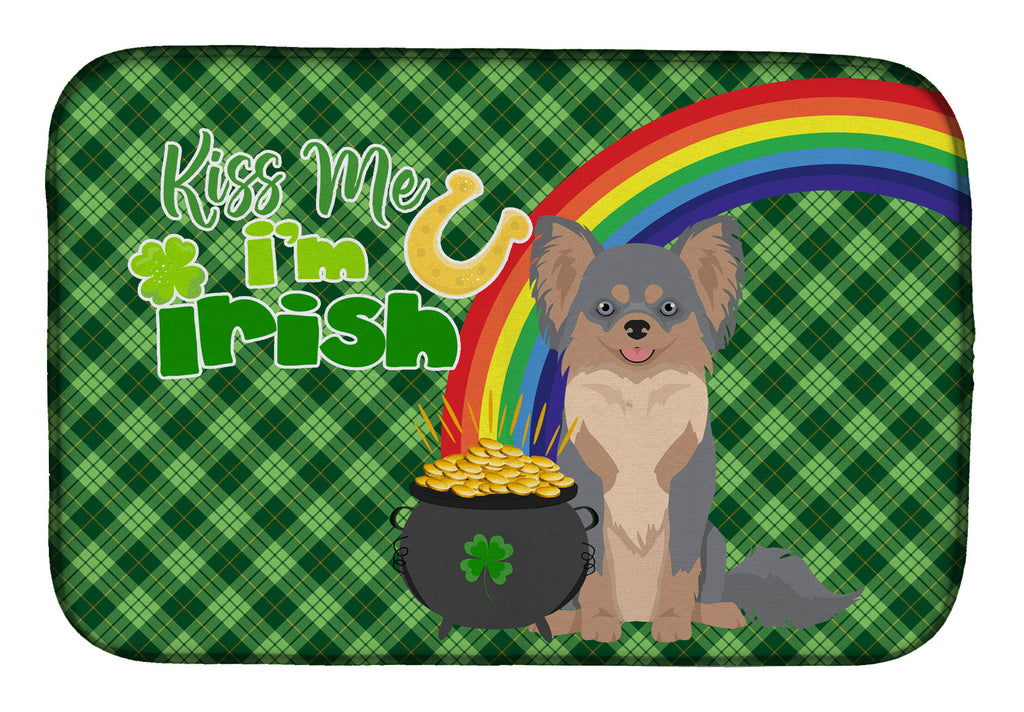 Longhaired Blue and Tan Chihuahua St. Patrick's Day Dish Drying Mat Absorbent Dish Drying Mat Pad for Kitchen Counter Dish Drainer Mat for Countertop, 14 x 21", Multicolor