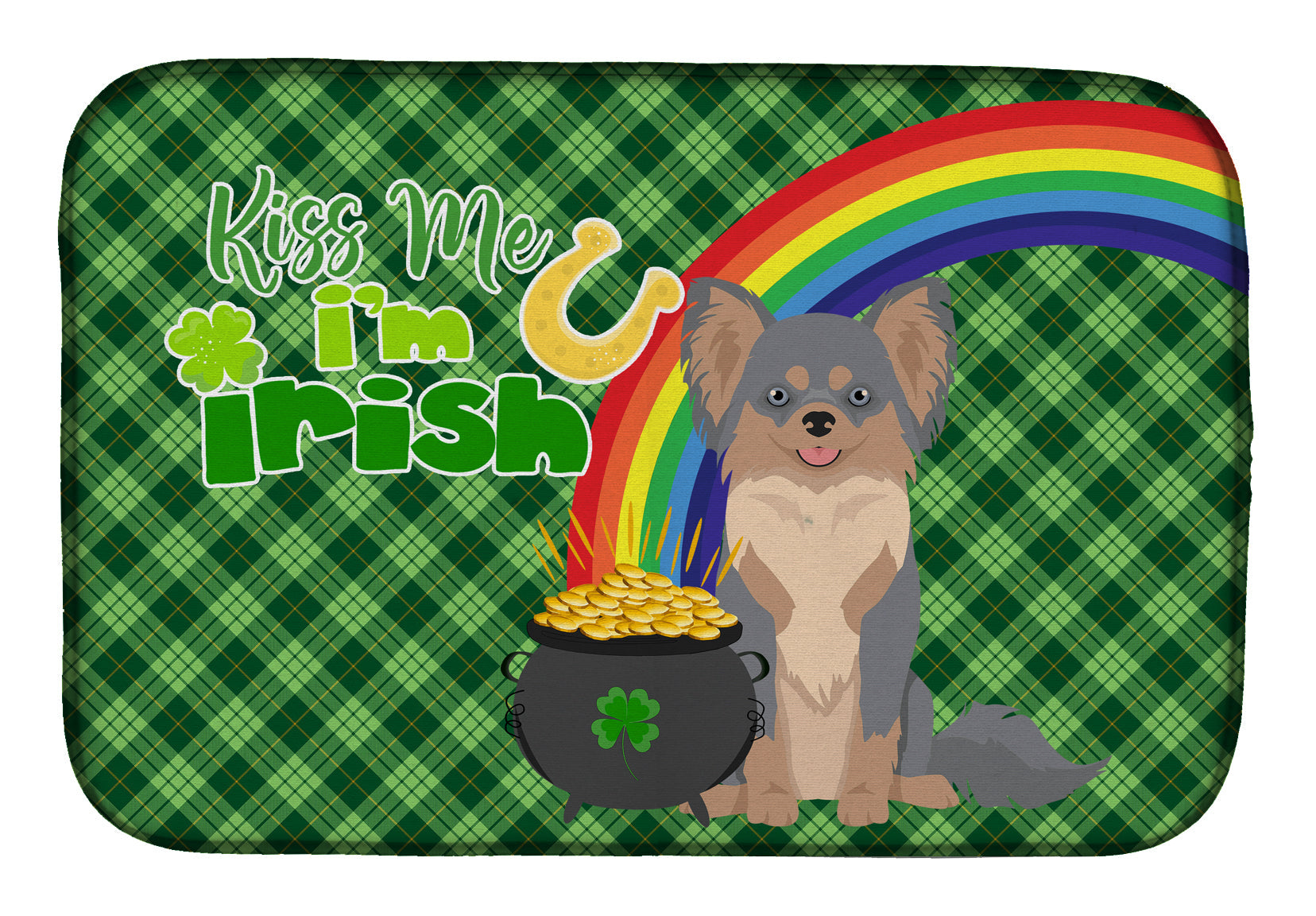 Longhaired Blue and Tan Chihuahua St. Patrick's Day Dish Drying Mat Absorbent Dish Drying Mat Pad for Kitchen Counter Dish Drainer Mat for Countertop, 14 x 21", Multicolor