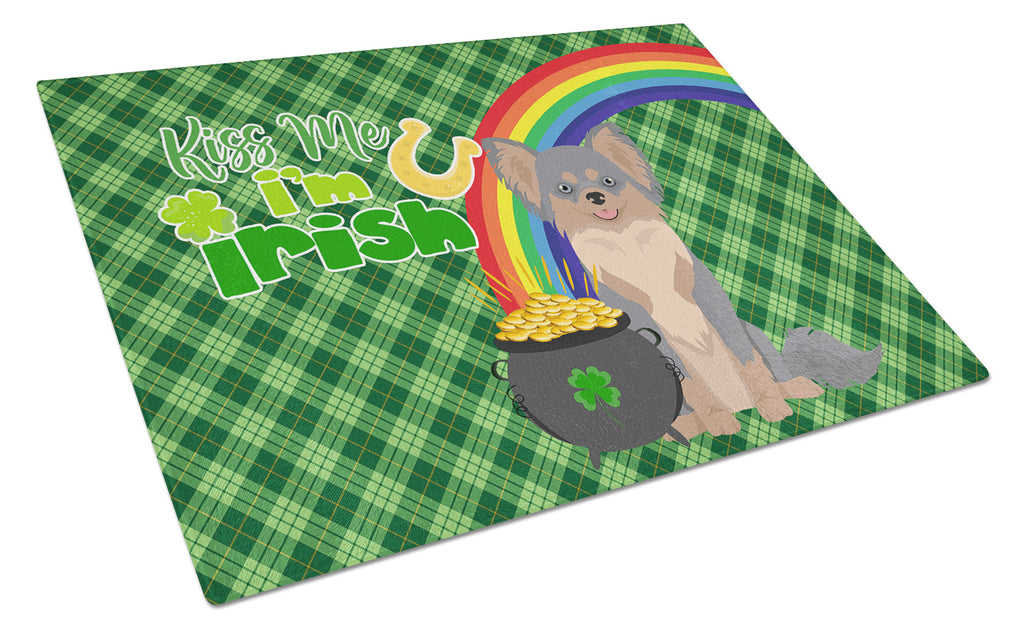 Longhaired Blue and Tan Chihuahua St. Patrick's Day Cutting Board Tempered Glass Kitchen Cutting Surface, Heat Resistant Chopping, Non-Slip Feet, Food Prep & Serving