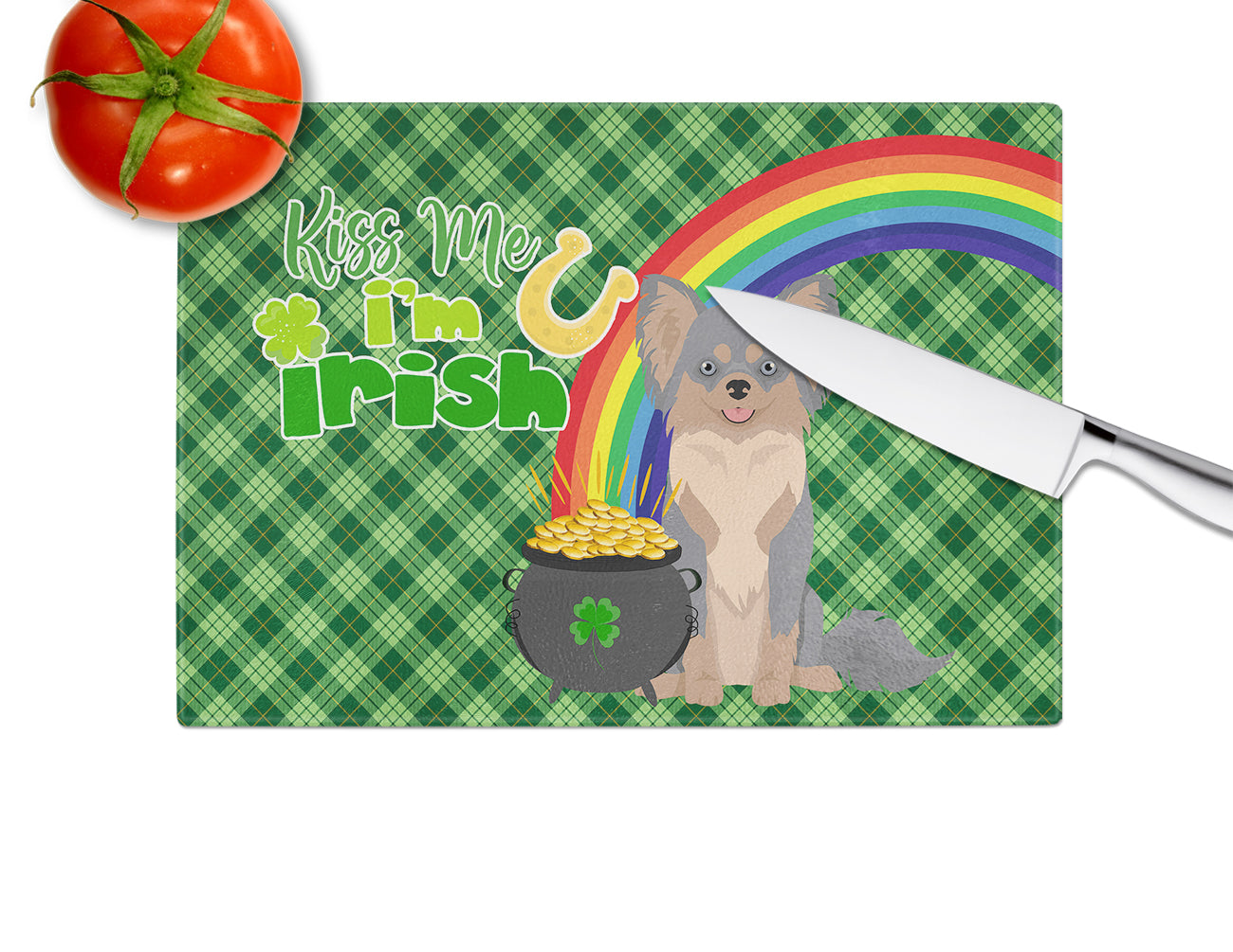 Longhaired Blue and Tan Chihuahua St. Patrick's Day Cutting Board Tempered Glass Kitchen Cutting Surface, Heat Resistant Chopping, Non-Slip Feet, Food Prep & Serving