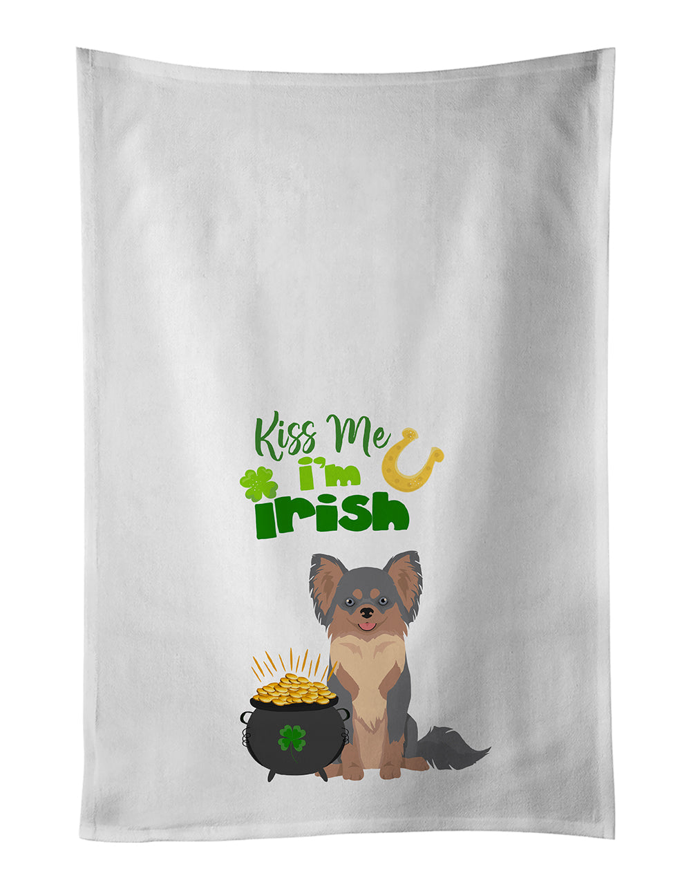 Longhaired Blue and Tan Chihuahua St. Patrick's Day Kitchen Towel Set of 2 White Dish Towels Decorative Bathroom Hand towel for Hand, Face, Hair, Yoga, Tea, Dishcloth, 19 X 28", White