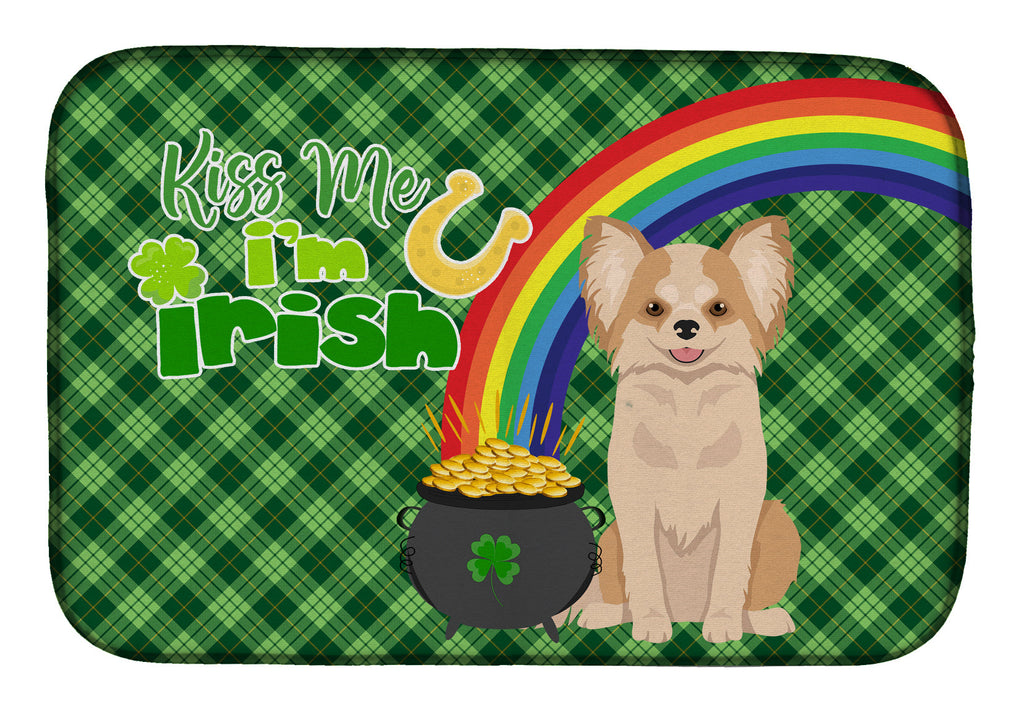 Longhaired Gold and White Chihuahua St. Patrick's Day Dish Drying Mat Absorbent Dish Drying Mat Pad for Kitchen Counter Dish Drainer Mat for Countertop, 14 x 21", Multicolor