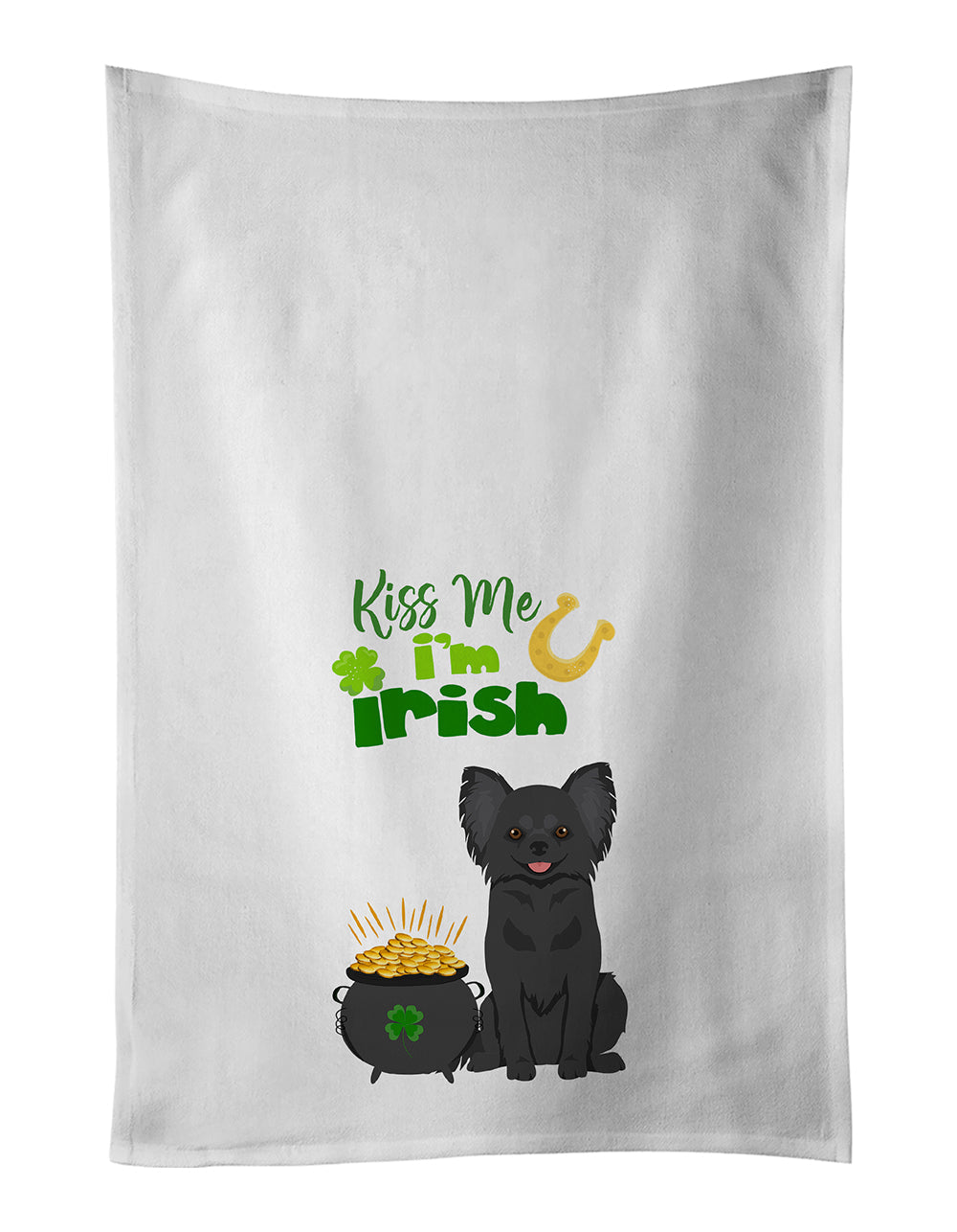 Longhaired Black Chihuahua St. Patrick's Day Kitchen Towel Set of 2 White Dish Towels Decorative Bathroom Hand towel for Hand, Face, Hair, Yoga, Tea, Dishcloth, 19 X 28", White