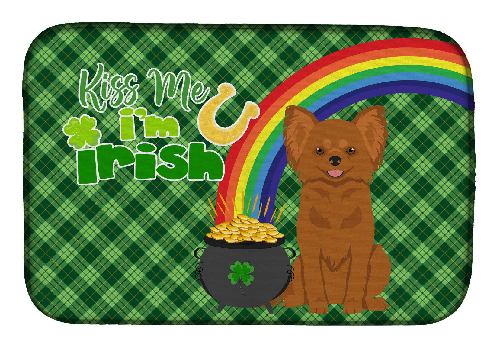 Longhaired Red Chihuahua St. Patrick's Day Dish Drying Mat Absorbent Dish Drying Mat Pad for Kitchen Counter Dish Drainer Mat for Countertop, 14 x 21", Multicolor