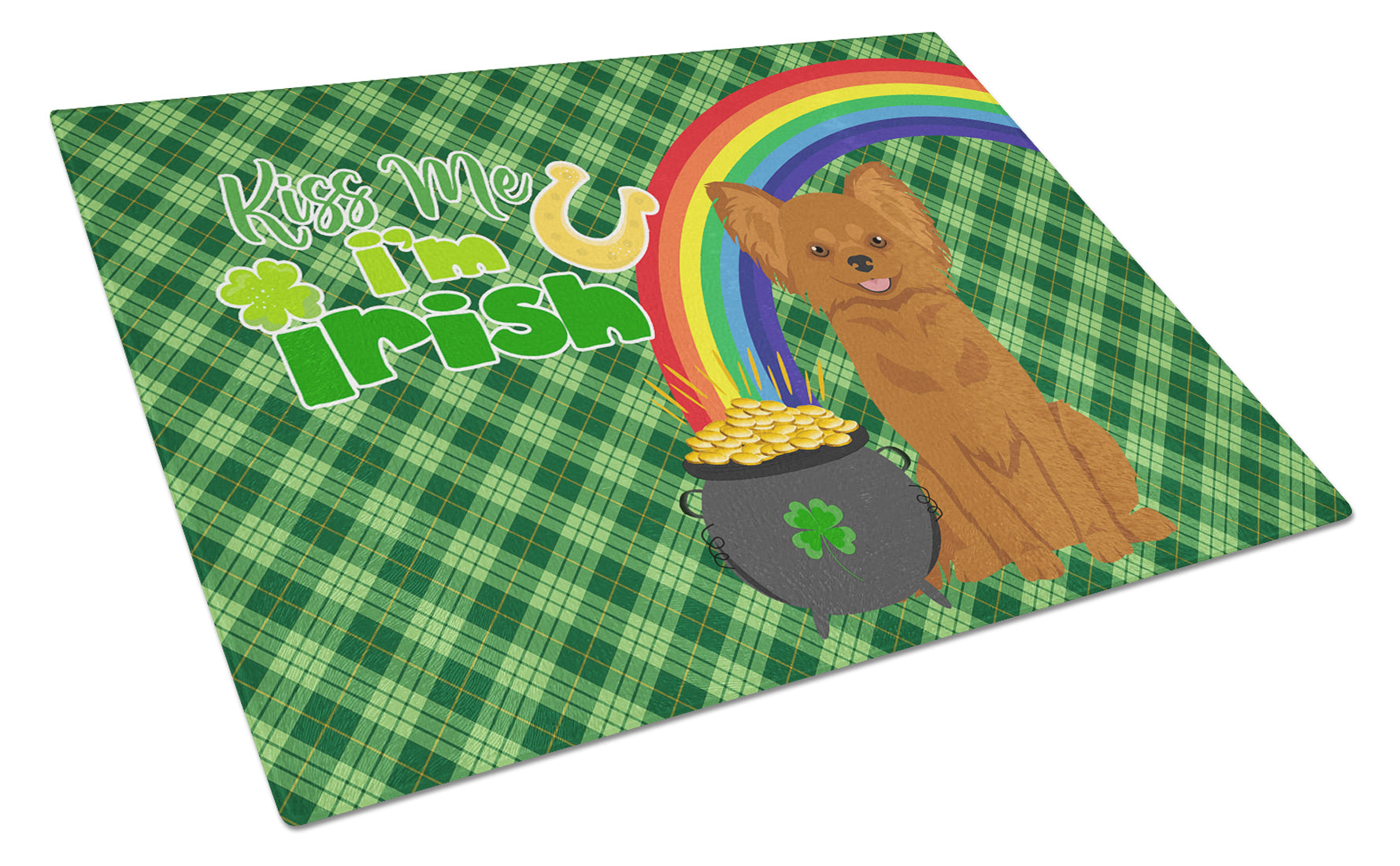 Longhaired Red Chihuahua St. Patrick's Day Cutting Board Tempered Glass Kitchen Cutting Surface, Heat Resistant Chopping, Non-Slip Feet, Food Prep & Serving