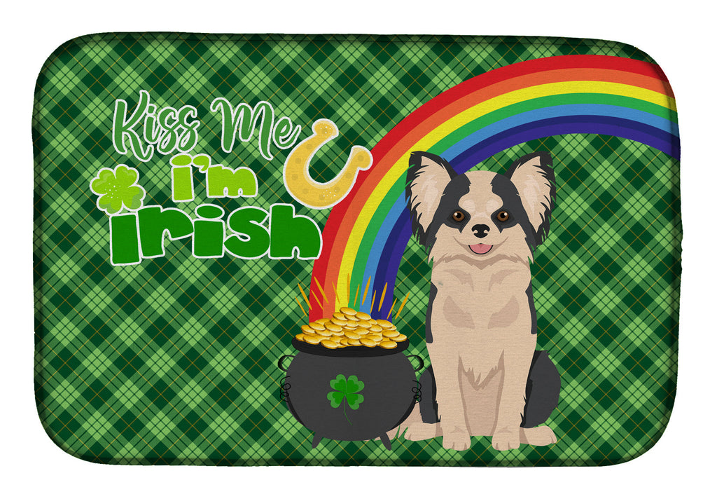 Longhaired Black and White #2 Chihuahua St. Patrick's Day Dish Drying Mat Absorbent Dish Drying Mat Pad for Kitchen Counter Dish Drainer Mat for Countertop, 14 x 21", Multicolor