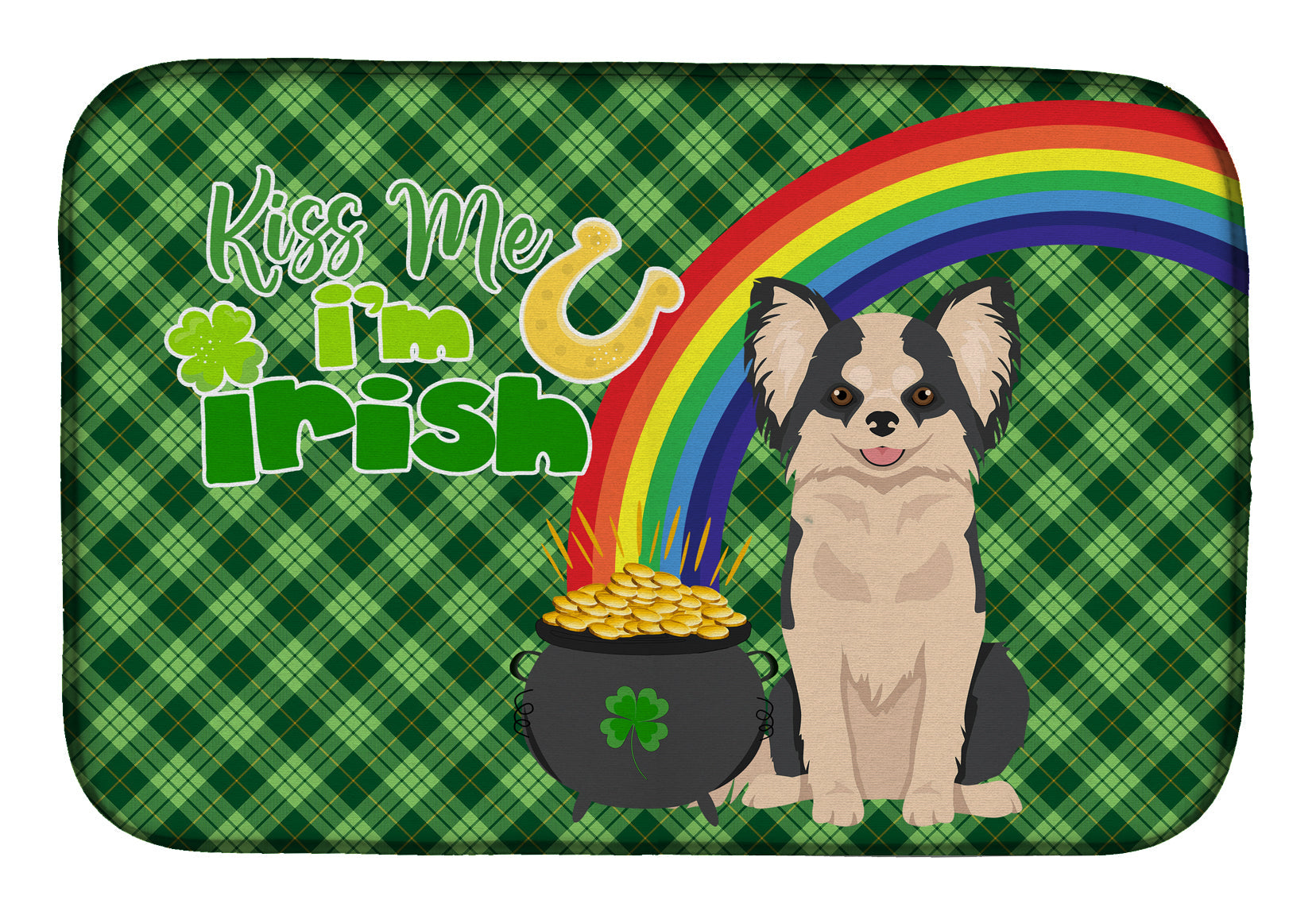 Longhaired Black and White #2 Chihuahua St. Patrick's Day Dish Drying Mat Absorbent Dish Drying Mat Pad for Kitchen Counter Dish Drainer Mat for Countertop, 14 x 21", Multicolor