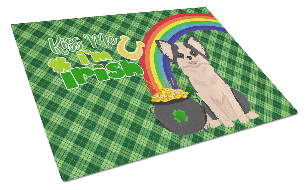 Longhaired Black and White #2 Chihuahua St. Patrick's Day Cutting Board Tempered Glass Kitchen Cutting Surface, Heat Resistant Chopping, Non-Slip Feet, Food Prep & Serving