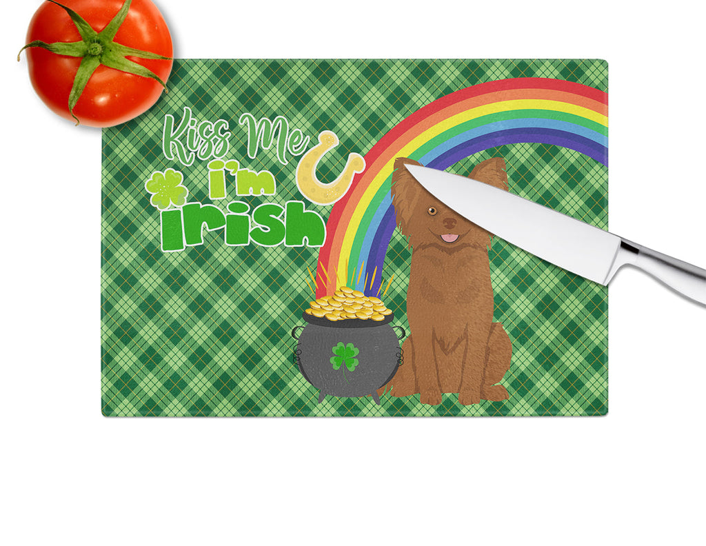 Longhaired Chocolate Chihuahua St. Patrick's Day Cutting Board Tempered Glass Kitchen Cutting Surface, Heat Resistant Chopping, Non-Slip Feet, Food Prep & Serving