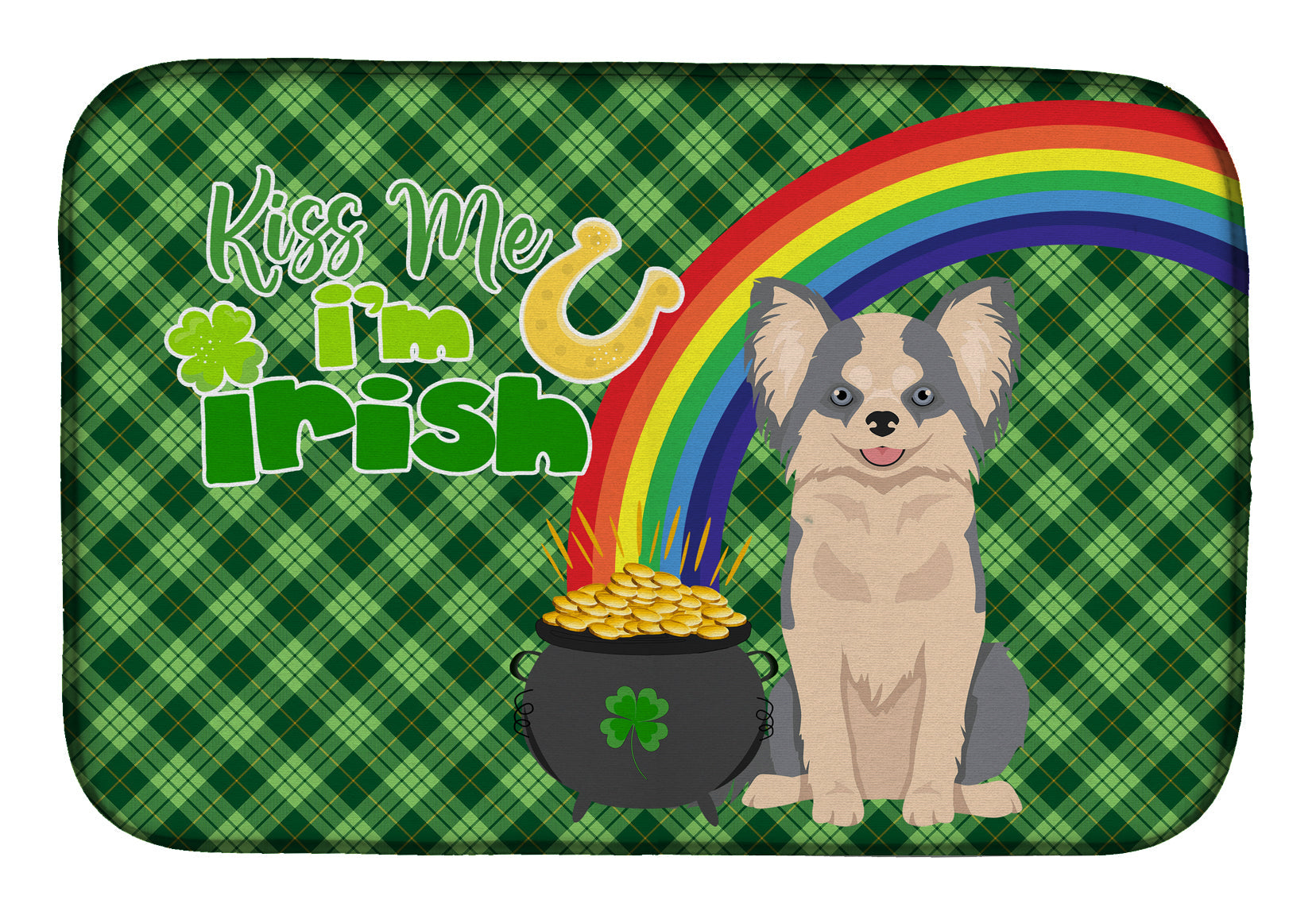 Longhaired Blue and White Chihuahua St. Patrick's Day Dish Drying Mat Absorbent Dish Drying Mat Pad for Kitchen Counter Dish Drainer Mat for Countertop, 14 x 21", Multicolor