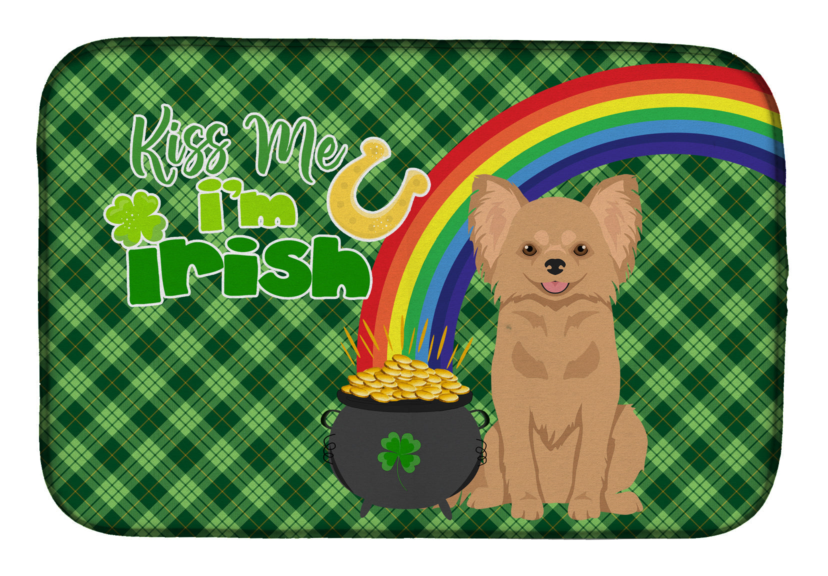 Longhaired Gold Chihuahua St. Patrick's Day Dish Drying Mat Absorbent Dish Drying Mat Pad for Kitchen Counter Dish Drainer Mat for Countertop, 14 x 21", Multicolor
