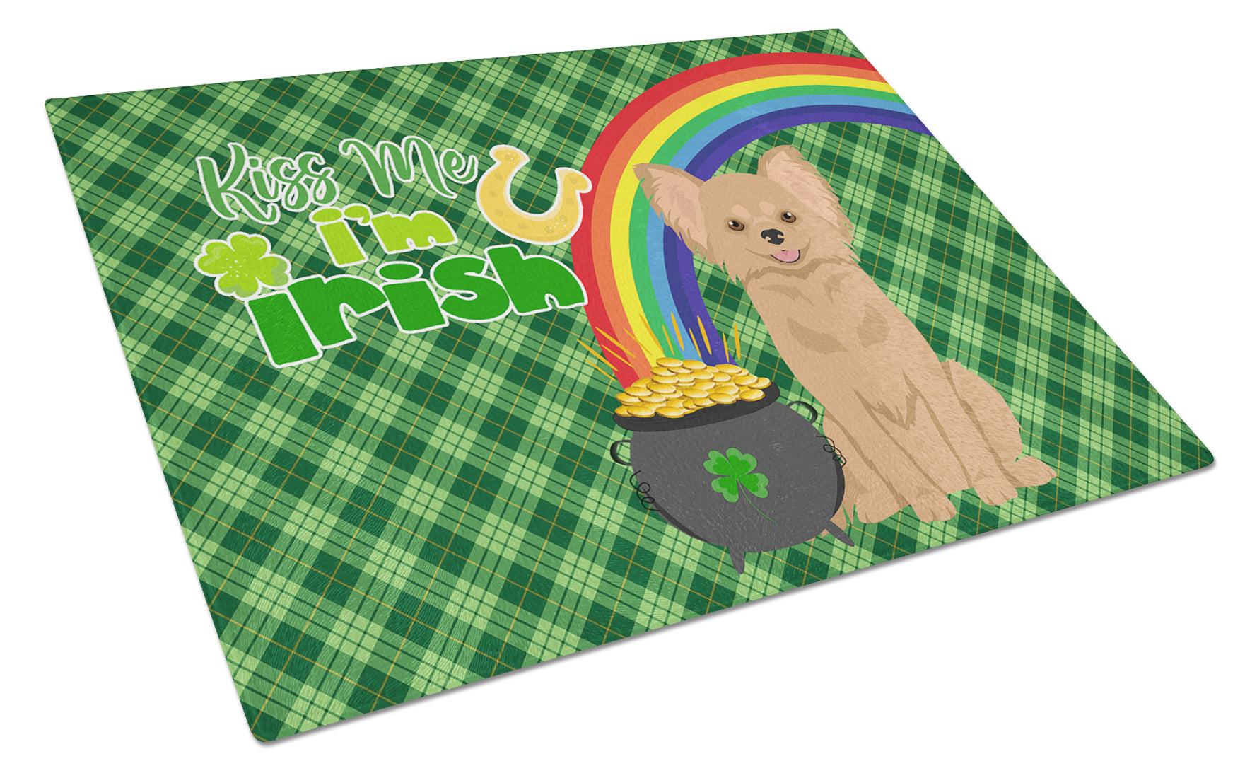 Longhaired Gold Chihuahua St. Patrick's Day Cutting Board Tempered Glass Kitchen Cutting Surface, Heat Resistant Chopping, Non-Slip Feet, Food Prep & Serving