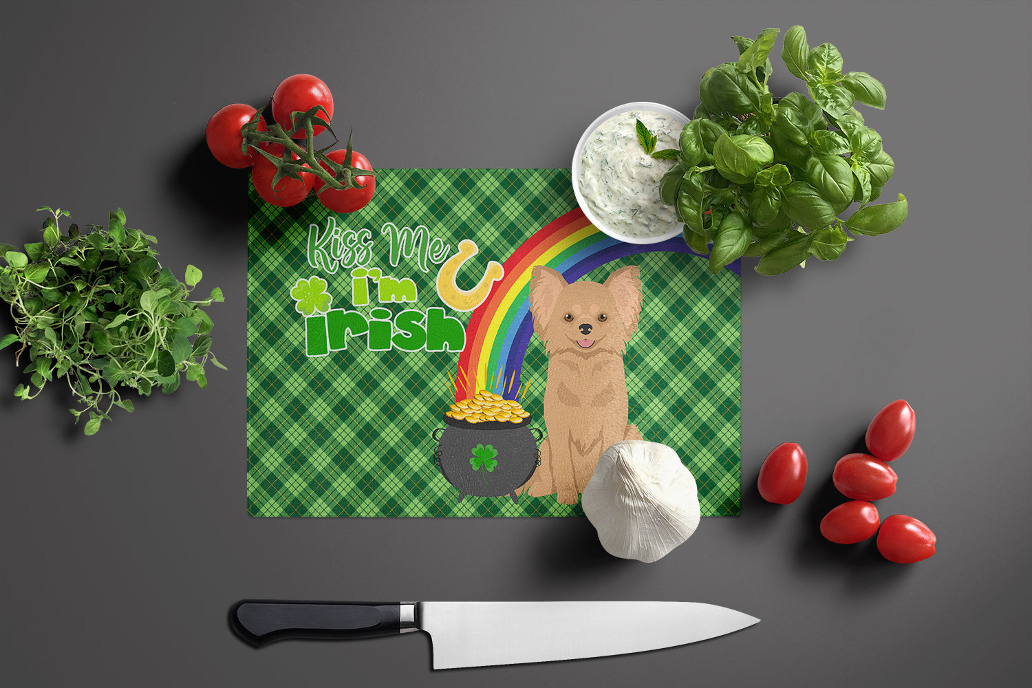 Longhaired Gold Chihuahua St. Patrick's Day Cutting Board Tempered Glass Kitchen Cutting Surface, Heat Resistant Chopping, Non-Slip Feet, Food Prep & Serving