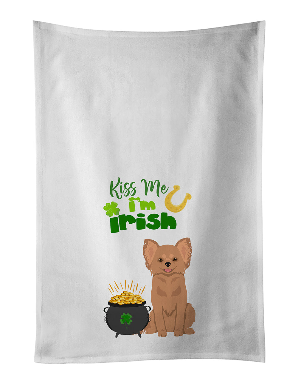 Longhaired Gold Chihuahua St. Patrick's Day Kitchen Towel Set of 2 White Dish Towels Decorative Bathroom Hand towel for Hand, Face, Hair, Yoga, Tea, Dishcloth, 19 X 28", White