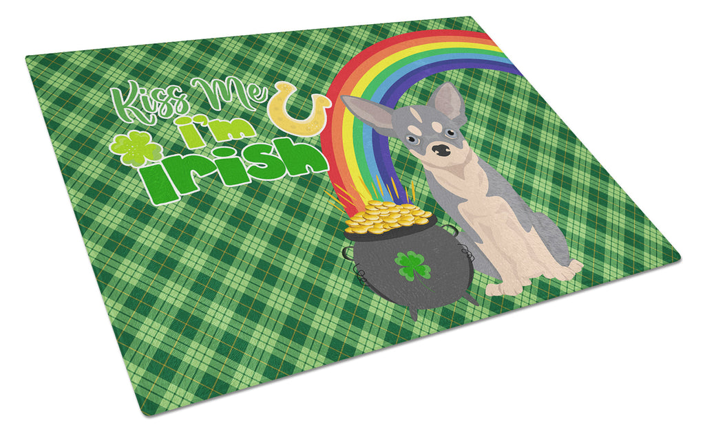 Blue and White Chihuahua St. Patrick's Day Cutting Board Tempered Glass Kitchen Cutting Surface, Heat Resistant Chopping, Non-Slip Feet, Food Prep & Serving