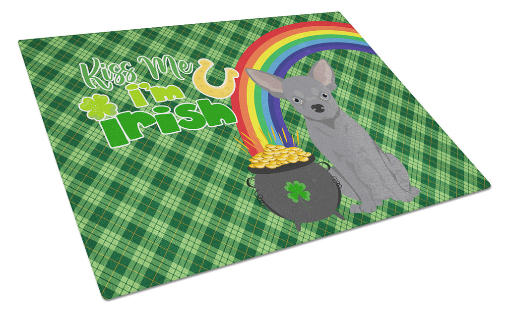 Blue Chihuahua St. Patrick's Day Cutting Board Tempered Glass Kitchen Cutting Surface, Heat Resistant Chopping, Non-Slip Feet, Food Prep & Serving