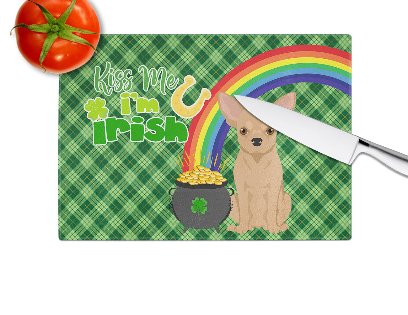 Gold Chihuahua St. Patrick's Day Cutting Board Tempered Glass Kitchen Cutting Surface, Heat Resistant Chopping, Non-Slip Feet, Food Prep & Serving