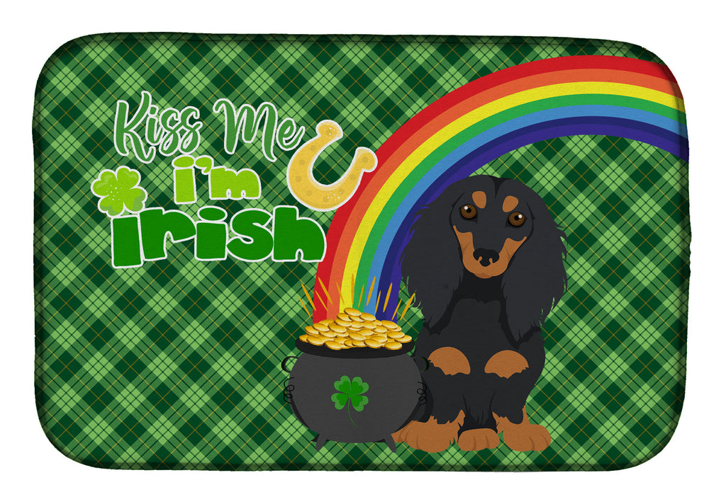 Longhair Black and Tan Dachshund St. Patrick's Day Dish Drying Mat Absorbent Dish Drying Mat Pad for Kitchen Counter Dish Drainer Mat for Countertop, 14 x 21", Multicolor