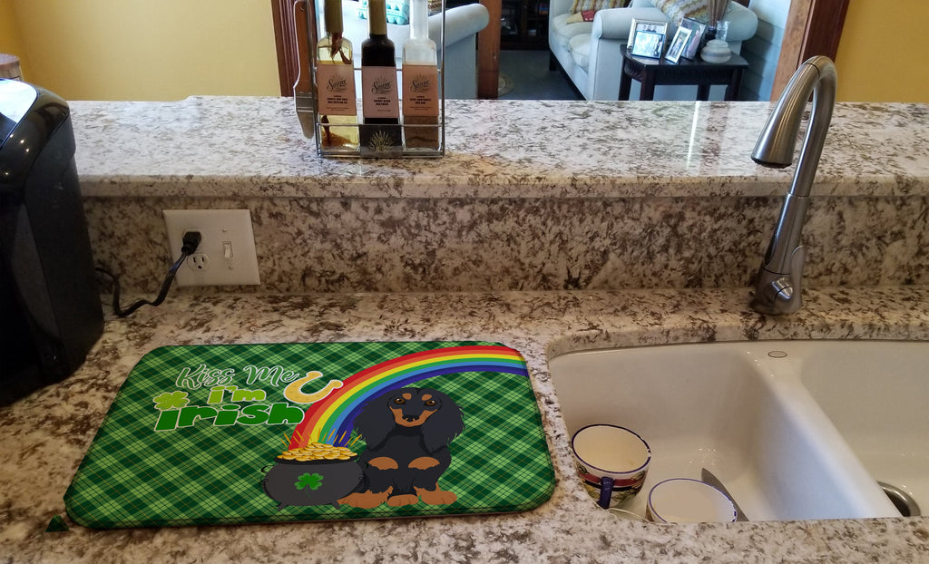 Longhair Black and Tan Dachshund St. Patrick's Day Dish Drying Mat Absorbent Dish Drying Mat Pad for Kitchen Counter Dish Drainer Mat for Countertop, 14 x 21", Multicolor