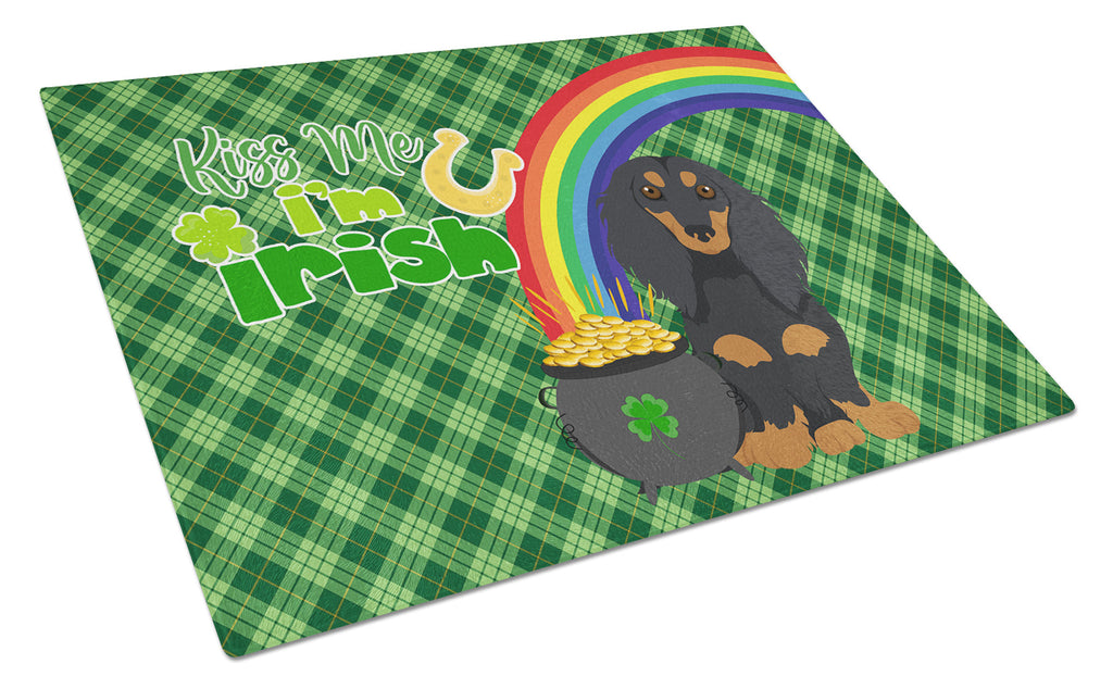 Longhair Black and Tan Dachshund St. Patrick's Day Cutting Board Tempered Glass Kitchen Cutting Surface, Heat Resistant Chopping, Non-Slip Feet, Food Prep & Serving
