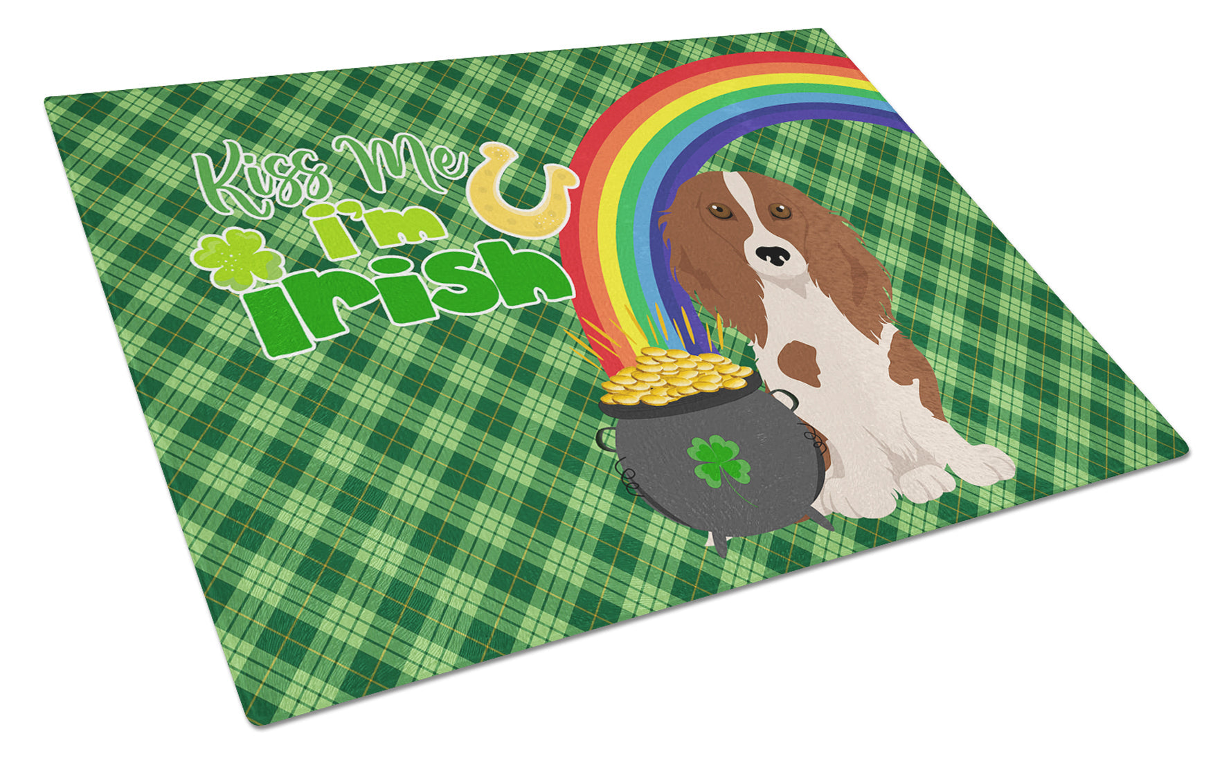 Longhair Red Pedbald Dachshund St. Patrick's Day Cutting Board Tempered Glass Kitchen Cutting Surface, Heat Resistant Chopping, Non-Slip Feet, Food Prep & Serving