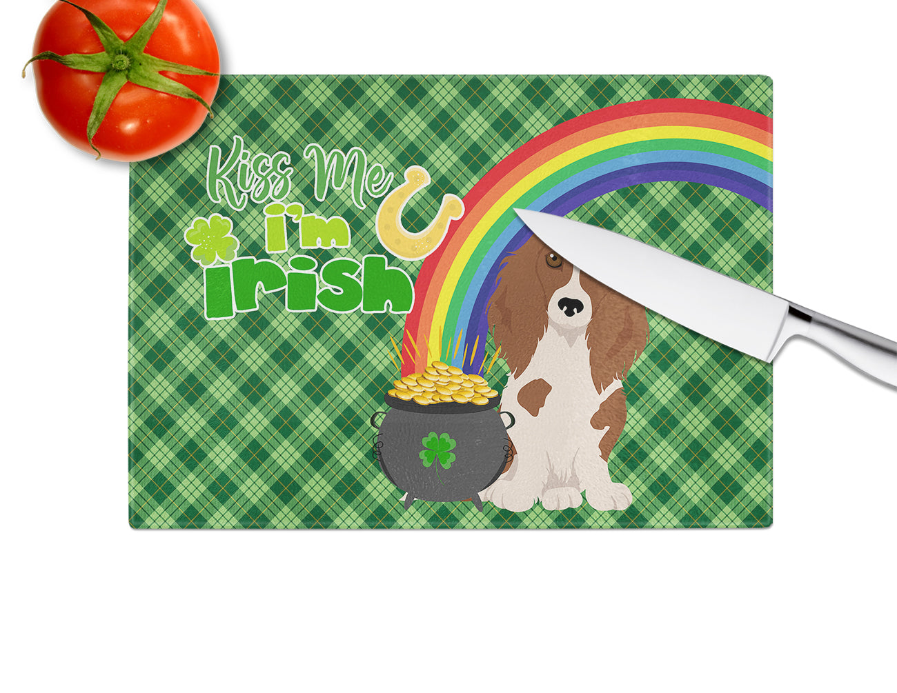 Longhair Red Pedbald Dachshund St. Patrick's Day Cutting Board Tempered Glass Kitchen Cutting Surface, Heat Resistant Chopping, Non-Slip Feet, Food Prep & Serving